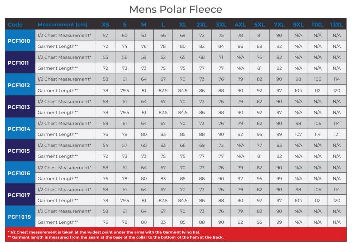 Fido fleece size chart sale