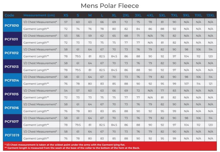 Polar Fleece Size Chart