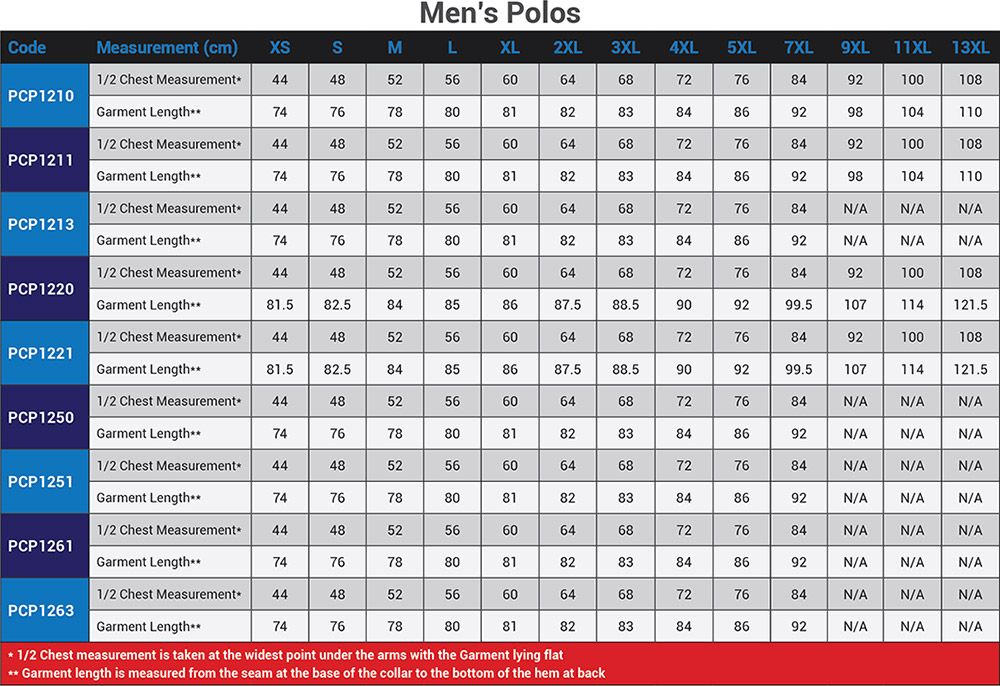 Men's Polo Size Chart